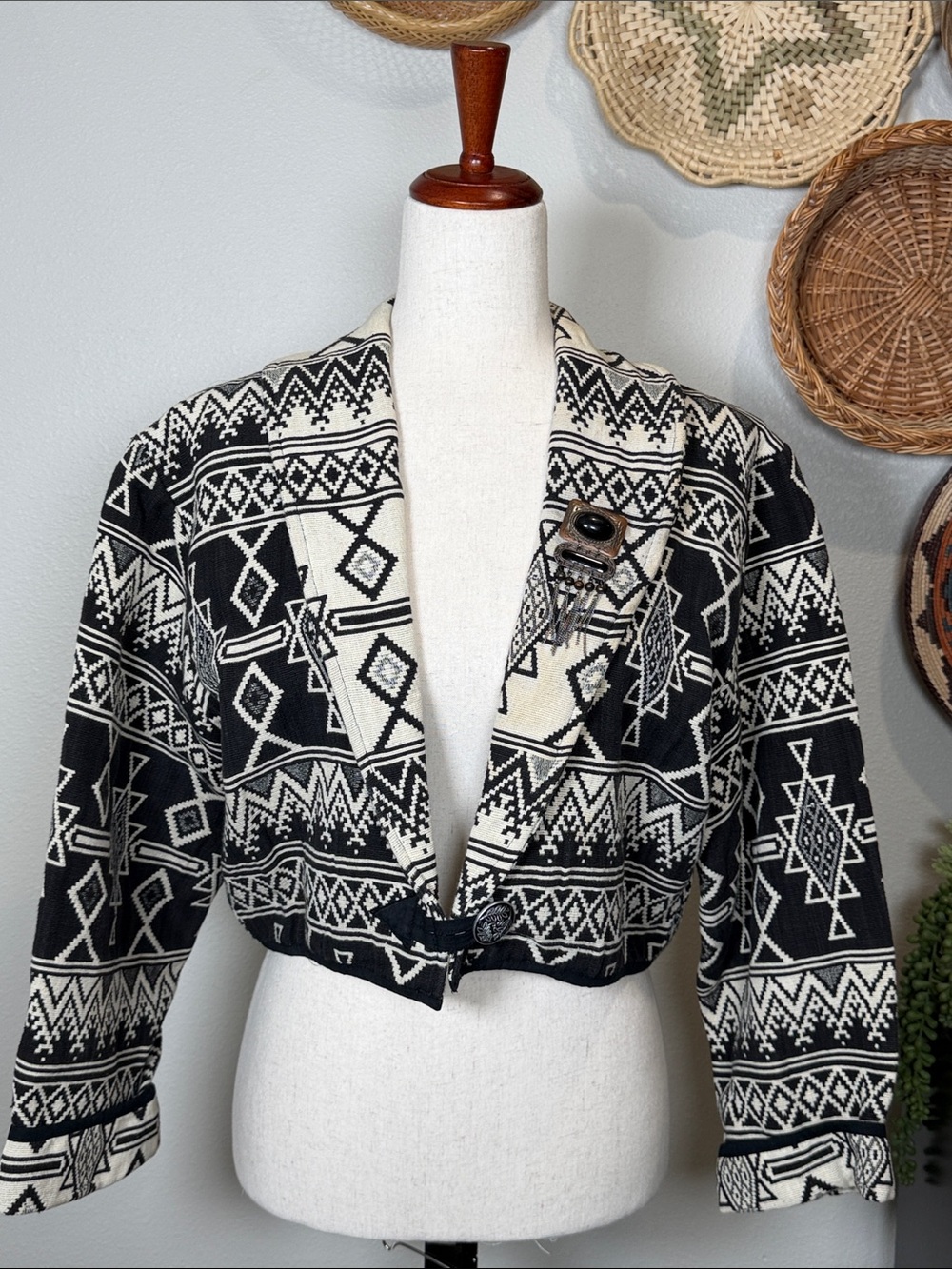 Boho Woven Western Aztec Design Tapestry Jacket Coat Black Cream Size Small